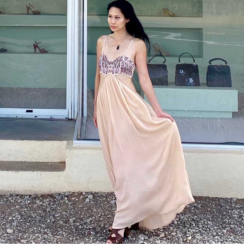 Anthropologie RAGA Cut Out Beaded Embroidered Long Maxi Dress XS